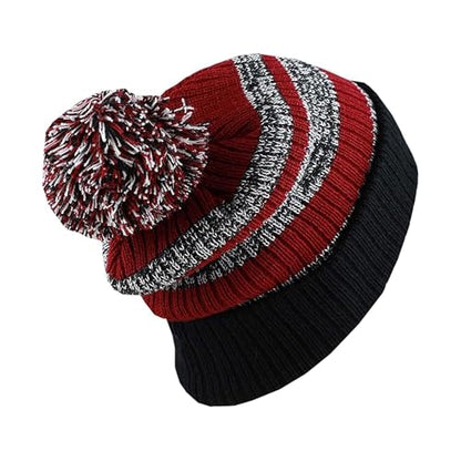 Winter Knit Beanie Hat with Pom Pom – Warm Cuffed Slouch Ski Cap for Men & Women - color: 3.black/Burgundy