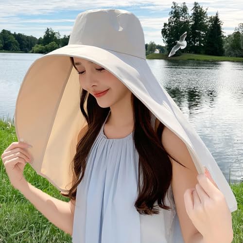 Sun Hats for Women Sun Protection,Wide Brim Cap with Large Neck Flap,Women Hiking Fishing Sun Hat,UPF 50+ Sun Protection Cap - color: Beige