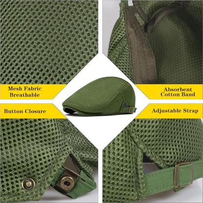 meioro Mens Breathable Mesh Summer Hat Adjustable Flat Cap Newsboy Beret Ivy Cap Irish Cabbie Fishing Hats - color: Green