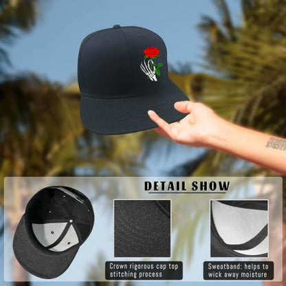 Snapback Hat for Men Skeleton Skull Hat Baseball Hats for Men - color: Holding a Rose