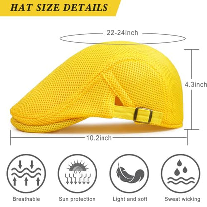 Xinveen Men's Mesh Cap Breathable Summer Newsboy Hat Adjustable Beret Ivy Cap Irish Cabbie Driving Hunting Hats - color: Yellow