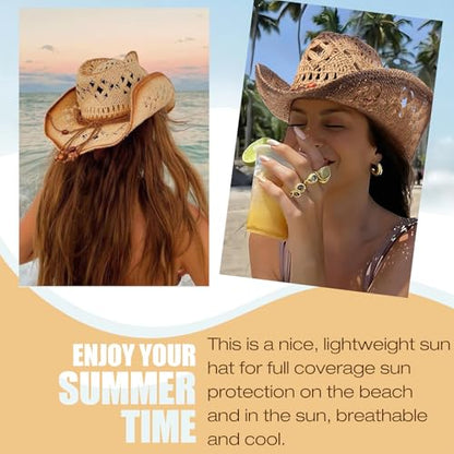 AQOKKA Straw Cowboy Hats for Women Men Western Cowgirl Hats with Shapeable Brim Woven Hollow Out Unisex Beach Roll Up Caps - color: Brown Beads Cowboy Hats : Khaki+coffee Spray-painted