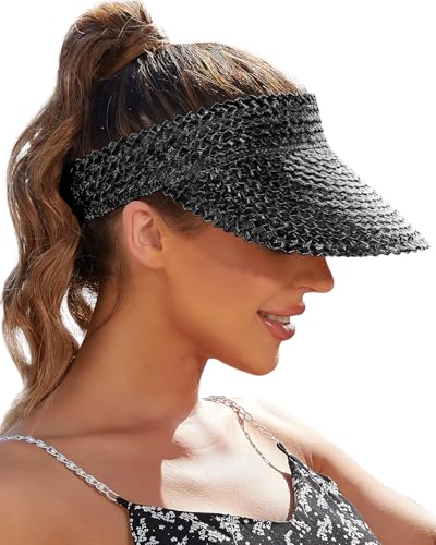 Straw Sun Visors & Hats for Women - Packable Beach Hats, Handmade, Sun Protection - color: Black, size: Medium