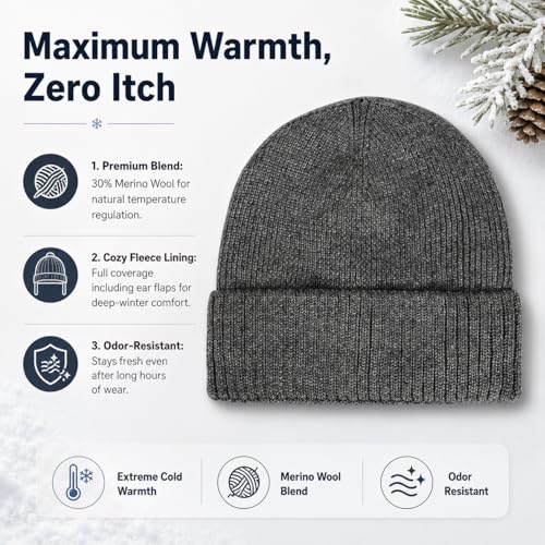 Plus Size Fleece Lined Beanie Hat - M/L/XXL Merino Wool Beanie Hat for Men - color: Dark Gray, size: Medium-Large