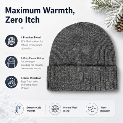 Plus Size Fleece Lined Beanie Hat - M/L/XXL Merino Wool Beanie Hat for Men - color: Dark Gray, size: Medium-Large