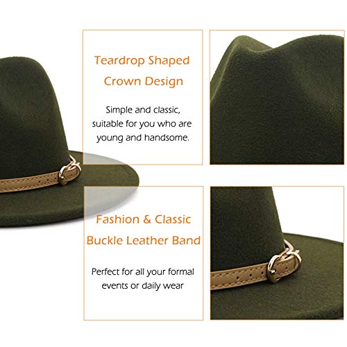 Lisianthus Women Classic Felt Fedora Wide Brim Hat with Belt Buckle - color: Olive