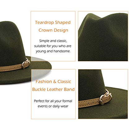 Lisianthus Women Classic Felt Fedora Wide Brim Hat with Belt Buckle - color: Olive