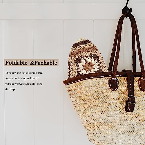 Womens Multicolor Floral Crochet Straw Sun Hat Wide Brim Summer Beach Hat - color: Khaki