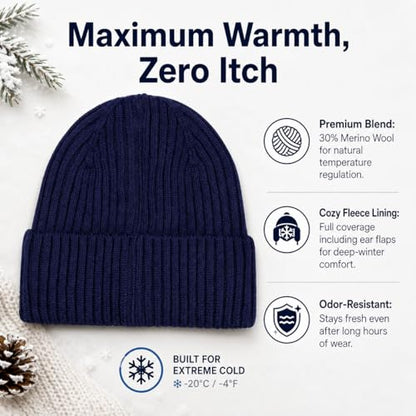 Oversize M/L/XL/XXL Merino Wool Beanie Hat for Men & Women - color: Navy, size: Medium-Large