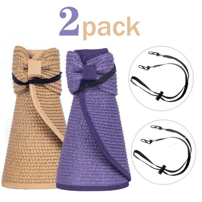 Women Sun Visors Foldable Straw Hats Summer Beach Packable Hat Floppy Wide Brim Cap Deep Style, Adjustable Size - color: Purple Khaki