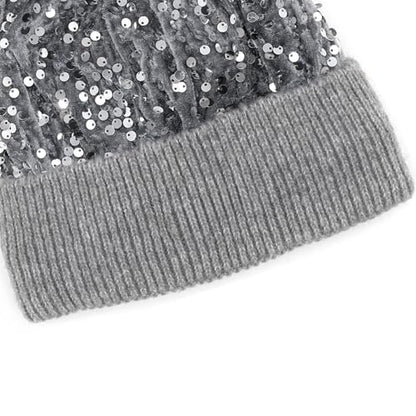 Women Sparkly Sequins Knitted Beanie Hat Warm Winter Skull Cap with Faux Fur Pom Pom - color: X Grey With Knit Cuffs