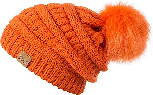 REDESS Women Winter Pom Pom Beanie Hat with Warm Fleece Lined - color: Orange