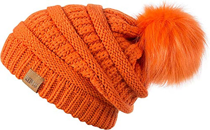 REDESS Women Winter Pom Pom Beanie Hat with Warm Fleece Lined - color: Orange