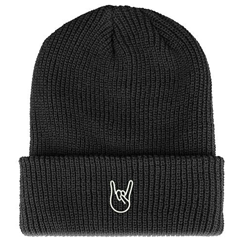 Trendy Apparel Shop Rock On Embroidered Ribbed Cuffed Knit Beanie - color: Dark Grey