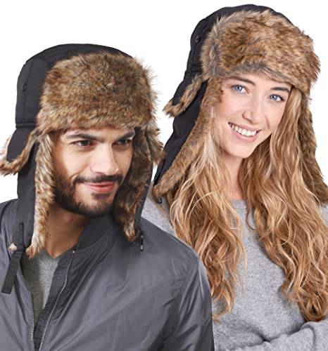 Tough Headwear Russian Trapper Hat – Water-Resistant Ushanka for Men & Women with Chin Strap & Ear Flaps - color: Black