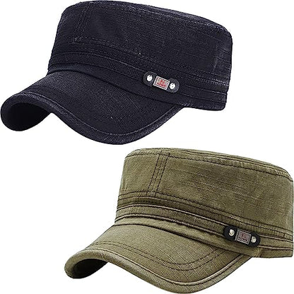 Unisex Cadet Army Cap Adjustable Flat Top Cap Washed Cotton Military Hat Baseball Cap - color: Black Green