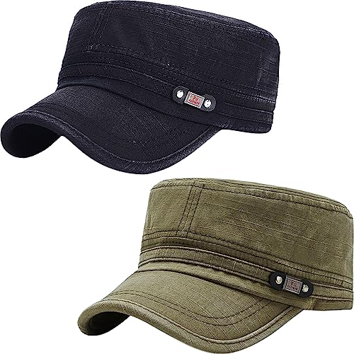 Unisex Cadet Army Cap Adjustable Flat Top Cap Washed Cotton Military Hat Baseball Cap - color: Black Green