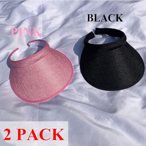 2 Pack Wide Brim Sun Visor Hats Women Men Large Clip-on Visors Hat UV Protection Outdoors Sports Golf Beach Cap - color: Black-pink