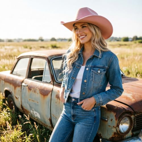 DRESHOW Cowboy Hat for Women and Men Wide Brim Western Cowboy Cowgirl Hat with Belt Buckle Unisex Rolled up Caps - color: Blush Pink
