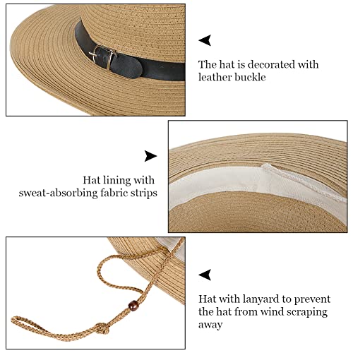 Straw Cowboy Hat for Women Men Classic Western Cowgirl Cap Foldable Sunhat Shapeable Fedora Panama Cap Wide Brim Beach Hat - color: Khaki