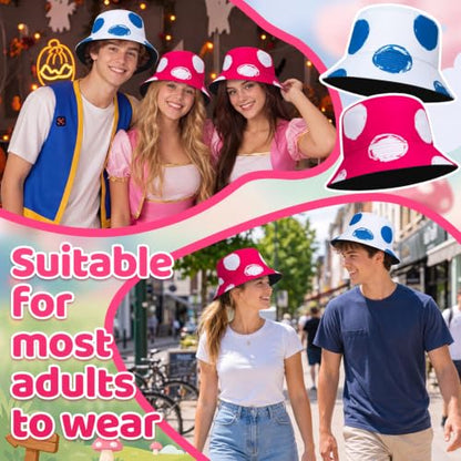 Newcotte 2 Pack Halloween Mushroom Bucket Hats Polka Dot Hats Reversible