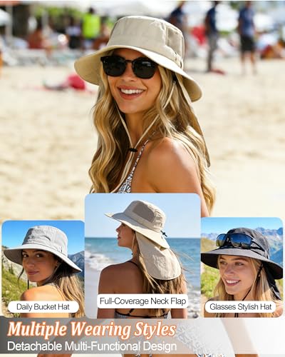 Womens Sun Hat Outdoor UV Protection Foldable Packable Bucket Hat with Detachable Neck Flap Beach Fishing Hiking - color: Beige