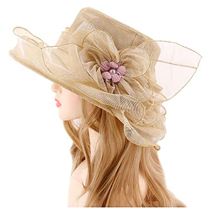 Haoohu Women's Church Derby Hat Wide Brim Bow Bucket Hat Wedding Dress Hat Fascinator Bridal Tea Party Hat - color: D-khaki