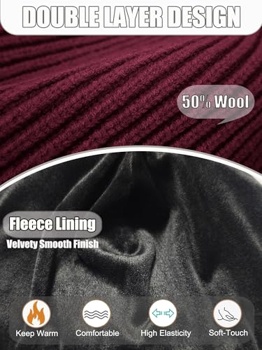 Short Wool Fisherman Beanie for Men Women Fleece Lined Winter Hat - color: 1pcs Wine Red