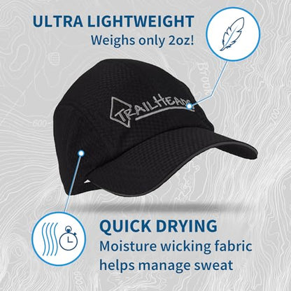 TrailHeads Men's Race Day Running Hat, Quick Dry, Moisture Wicking - color: Black/Silver Logo