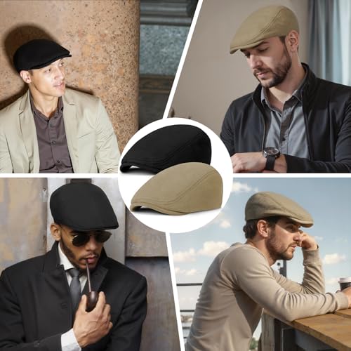 Senker Fashion 2 Pack Newsboy Cap for Men, Wool Blend Tweed Flat Cap - color: Camel Black