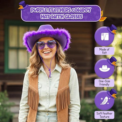 4E's Novelty Cowboy Hat with feathers With Heart Shaped Sunglasses for Women, Felt Cowgirl Hat for Party Costume Dress Up - color: Purple