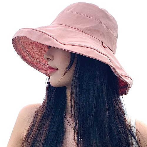 HUAMULAN Wide Brim Women Summer Sun Floppy Hat Reversible Beach Bucket Hat - color: M2246-pink