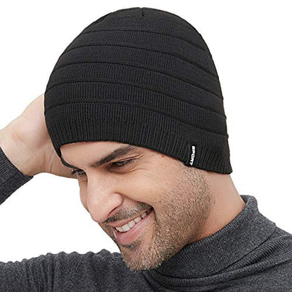 Mens Winter Beanie Hat Warm Knit Cuffed Plain Toboggan Ski Skull Cap (3 Patterns) - color: C1-black