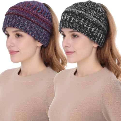 Women Ponytail Beanie 2-Pack, Thick Thermal Soft Acrylic Winter Skull Cap - color: A & C