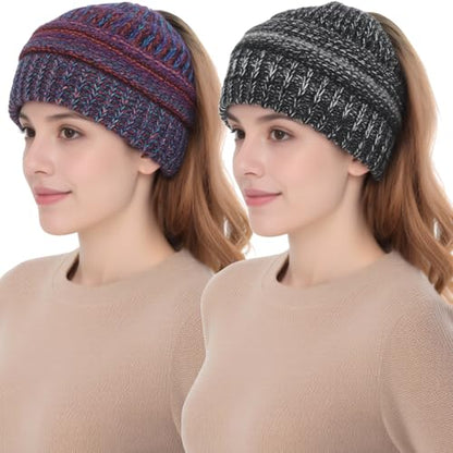 Women Ponytail Beanie 2-Pack, Thick Thermal Soft Acrylic Winter Skull Cap - color: A & C