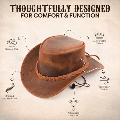 Equine Care Leather Cowboy Hat for Men & Women, Genuine Leather Western - color: Rustic Brown, size: 7 1/4-7 3/8