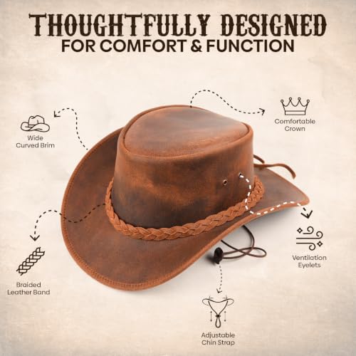 Equine Care Leather Cowboy Hat for Men & Women, Genuine Leather Western - color: Rustic Brown, size: 7 1/2-7 5/8
