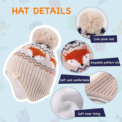 Beanie Knit Hats for Toddlers with Earflap Fleece Lined Hat Kids Warm Winter Hat Scarf Set Children's Thick Ski Cap - color: Fox-navy+scarf