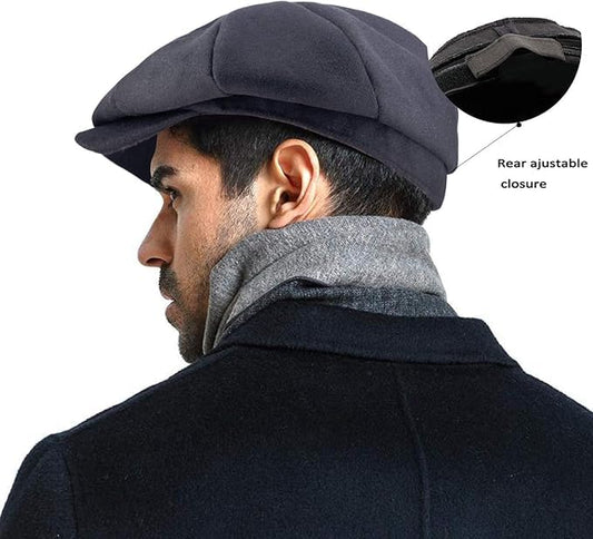 Wool Tweed Newsboy Cap for Men Paperboy Warm Winter Hat Vintage Flat Ivy Cabbie Gatsby Cap - color: Black, size: X-Large-XX-Large