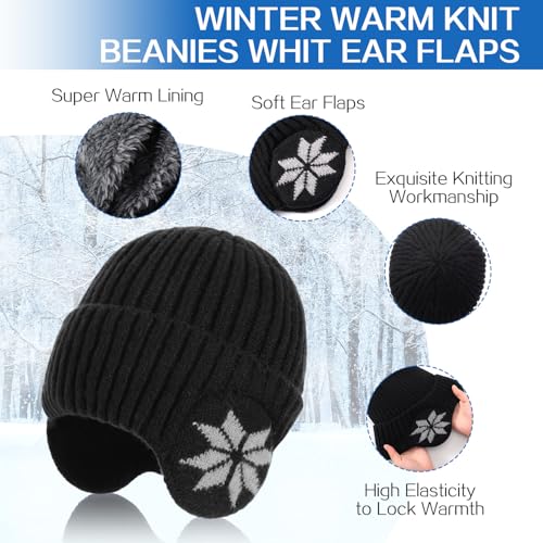 Mens Winter Beanie Hats Scarf Set - Winter Hats for Men, Beanie with Earflap for Men Fleece Hat Scarf Set Hat for Women Black