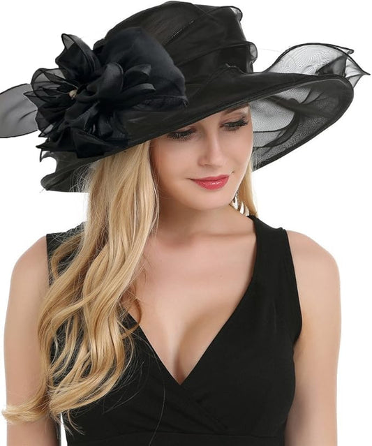 Organza Fascinator Hat - Women’s Wide Brim Church Bridal Tea Party Wedding Hat - color: 02a-black