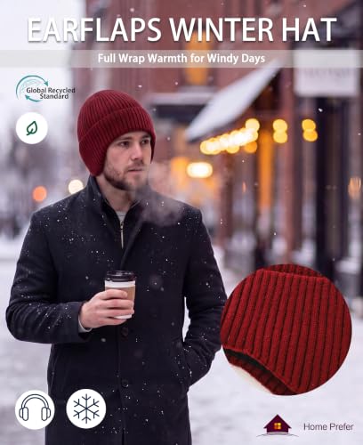 Home Prefer Fleece Lined Rib Knit Cuffed Beanie with Earflaps for Men Women - color: Wine Red