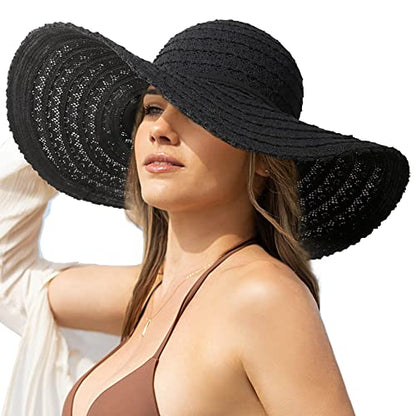 Sun Beach Hats for Women Summer Floppy Wide Brim Sunhat Packable Foldable Lace Travel Vacation - color: Black, size: Medium