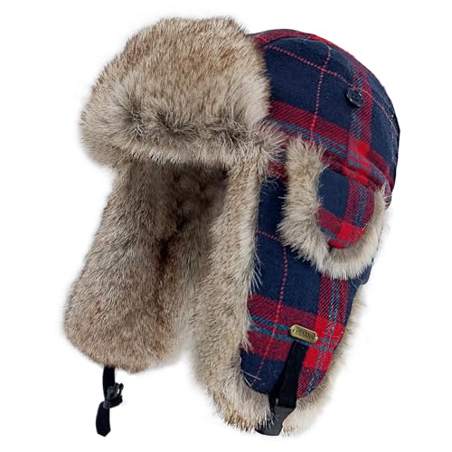 Winter Trapper Hat with Ear Flaps Plaid Russian Ushanka Aviator Hat Faux Fur Hunting Hats for Men Women - color: Red Blue Plaid