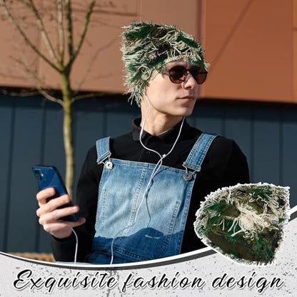 Chuarry Distressed Knitted Beanie Fuzzy Winter Hat - color: Assorted Army Green