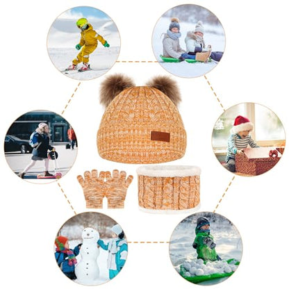 Kids Winter Beanie Hat Scarf Gloves Set,Toddlers Knit Winter Warm Double Pompom Cap Scarf Gloves for Girls Boys 1-5 Years Old - color: Yellow Mix