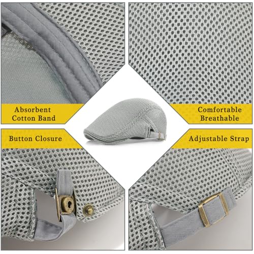 Xinveen Men's Mesh Cap Breathable Summer Newsboy Hat Adjustable Beret Ivy Cap Irish Cabbie Driving Hunting Hats - color: Light Gray