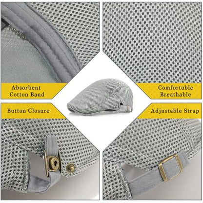 Xinveen Men's Mesh Cap Breathable Summer Newsboy Hat Adjustable Beret Ivy Cap Irish Cabbie Driving Hunting Hats - color: Light Gray