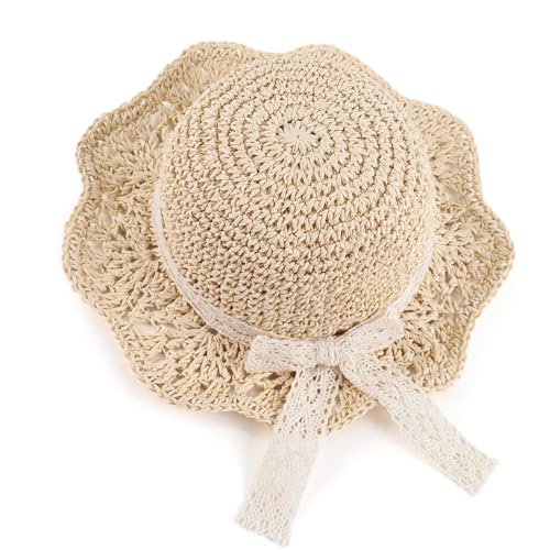 Toddler Straw Hat with Bow, UPF 50+ Foldable Beach Sun Cap for Baby - color: Beige, size: 1-2T
