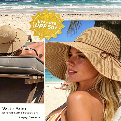 Womens Beach Sun Straw Hat Oversize Wide Brim Beach Roll up Hats Floppy Foldable Summer Hat Vacation UPF 50+ - color: Khaki02